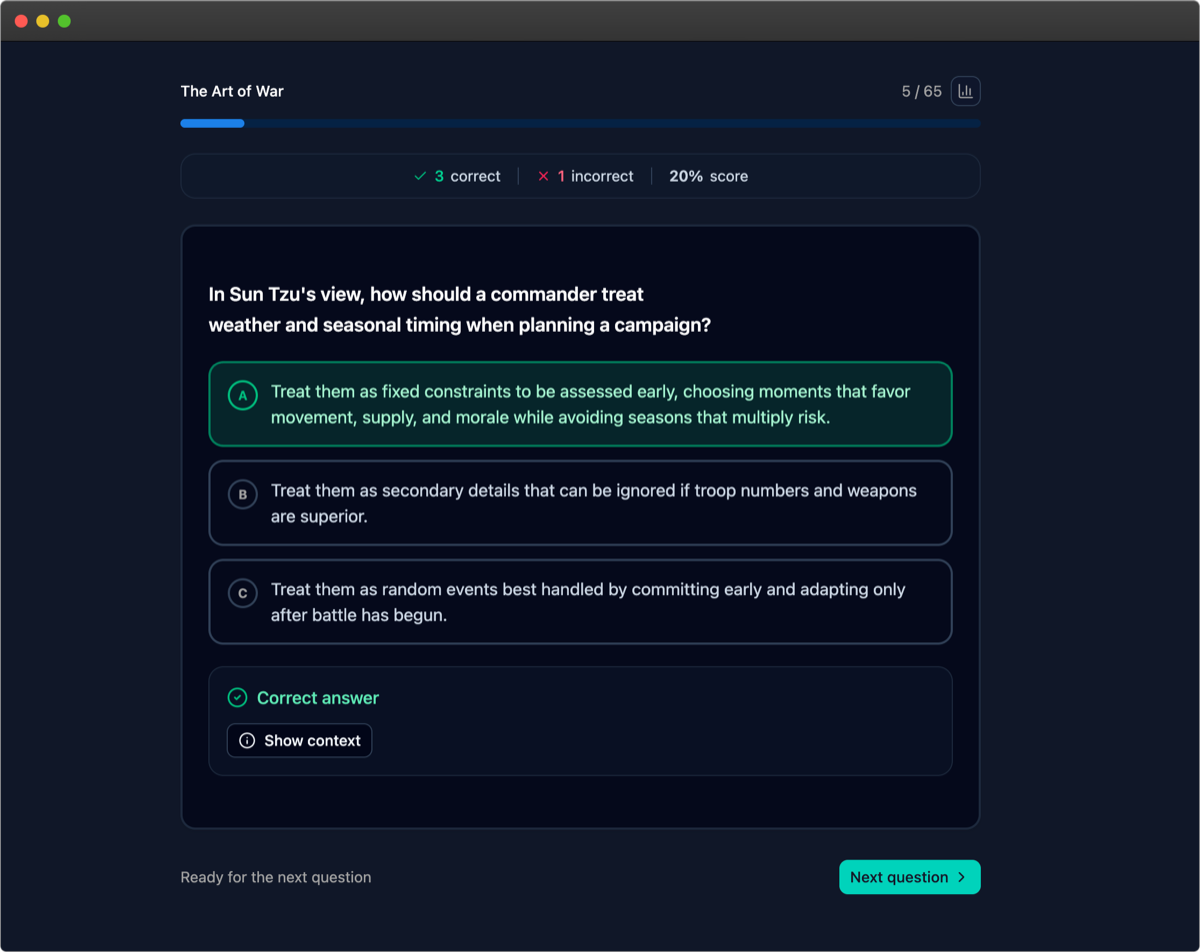 Screenshot of Refresher AI quiz in dark mode: AI-generated multiple-choice question from a book